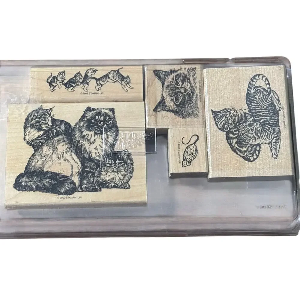 Stampin' Up Fancy Felines Rubber Stamp Set of 5 NO YARN STAMP Wood Mounted